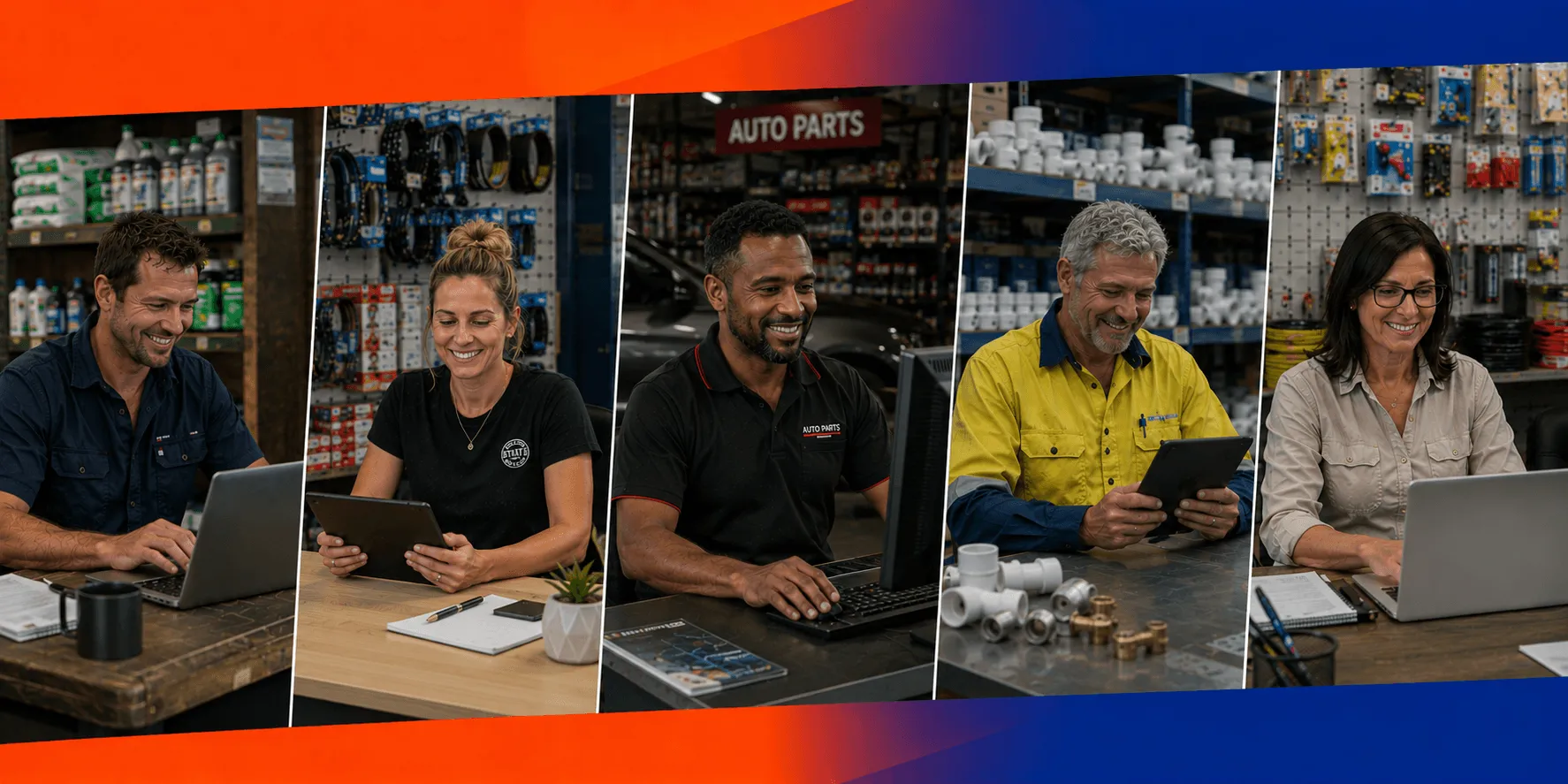 Automotive, electrical, agriculture and industrial supply teams using MoPro ERP on laptops and tablets at the counter